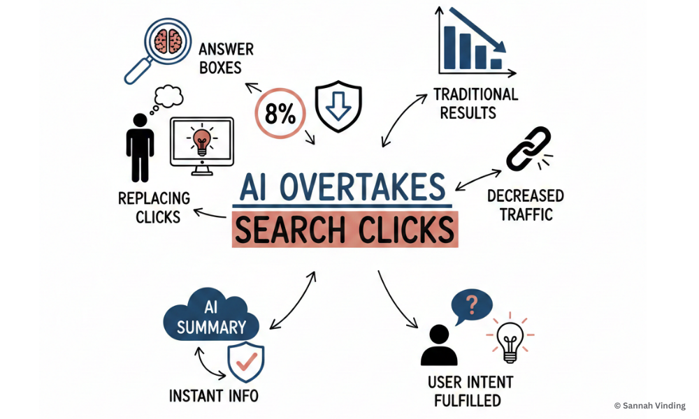 AI Overtakes search clicks - ai summary - decreased traffic - sannah vinding