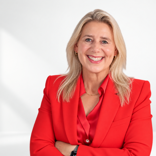 Sannah Vinding, wearing a red blazer